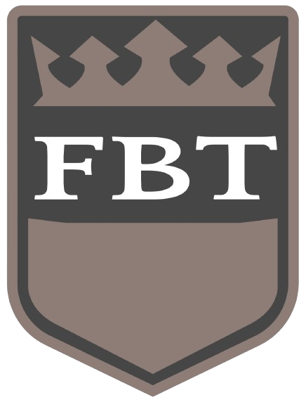 A brown and white shield with the letters fbt